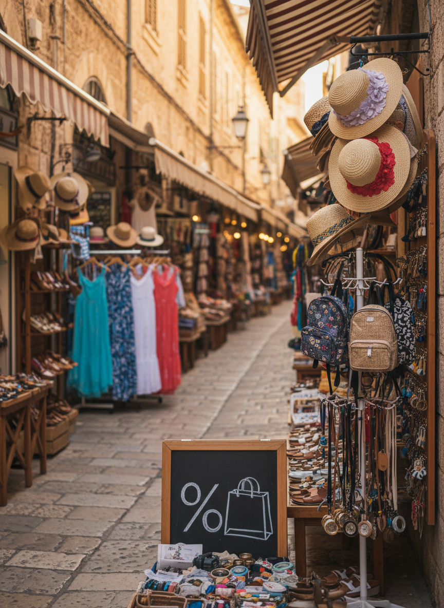 A lively market alley in a Mediterranean-style old town, captured without people, lined with small boutiques and souvenir stands overflowing with straw hats, lightweight dresses, and compact travel accessories. A simple chalkboard-style sign uses only intuitive icons like a percentage symbol and shopping bag to suggest deals, avoiding real text. Late-afternoon sunlight spills between colorful awnings, creating dappled patterns on the warm stone pavement. Photographic realism from an eye-level perspective, with one display of affordable accessories in sharp focus and the rest of the alley softly blurred. The mood is playful and adventurous, evoking treasure-hunt shopping for budget-conscious travelers.