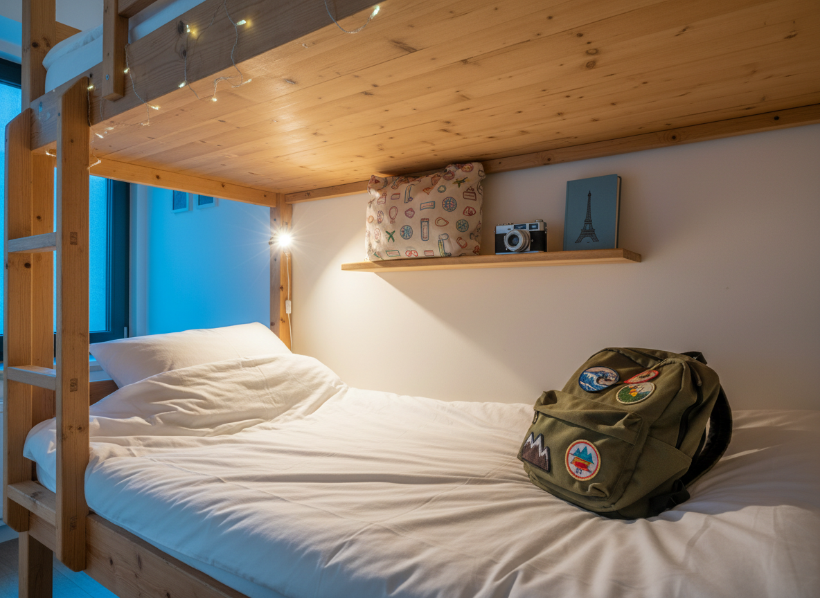 An organized hostel-style bunk corner with crisp white sheets, a small reading light, and a neatly folded budget traveler’s backpack at the foot of the bed, adorned with a few colorful, text-free destination patches. On the simple wooden shelf rests a reusable tote bag printed with soft pastel travel icons, a compact camera, and a slim notebook with a tiny Eiffel Tower sketch. Warm, cozy artificial lighting mixes with a hint of cool evening light from a narrow window, creating a welcoming, playful vibe. Photographic realism from a slightly low, diagonal angle emphasizes the snug, efficient space, perfect for students and young travelers on a budget.