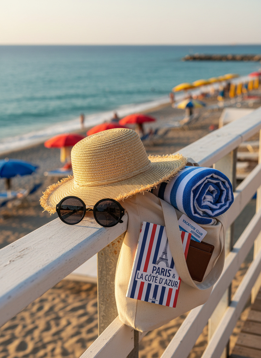 A sunlit beach promenade railing with a straw hat, oversized sunglasses, and a modest canvas tote bag resting on it, the bag partially open to reveal a rolled-up towel, a slim guidebook in French-inspired colors, and a wallet with a simple membership-style card peeking out. Beyond, turquoise water and gently blurred parasols suggest an inviting but affordable seaside escape. The scene is captured in photographic realism at golden hour, with warm, flattering light catching the textures of canvas, straw, and metal railing. Shot from a slightly low, side angle, the composition feels playful and carefree, embodying budget-friendly summer holidays.