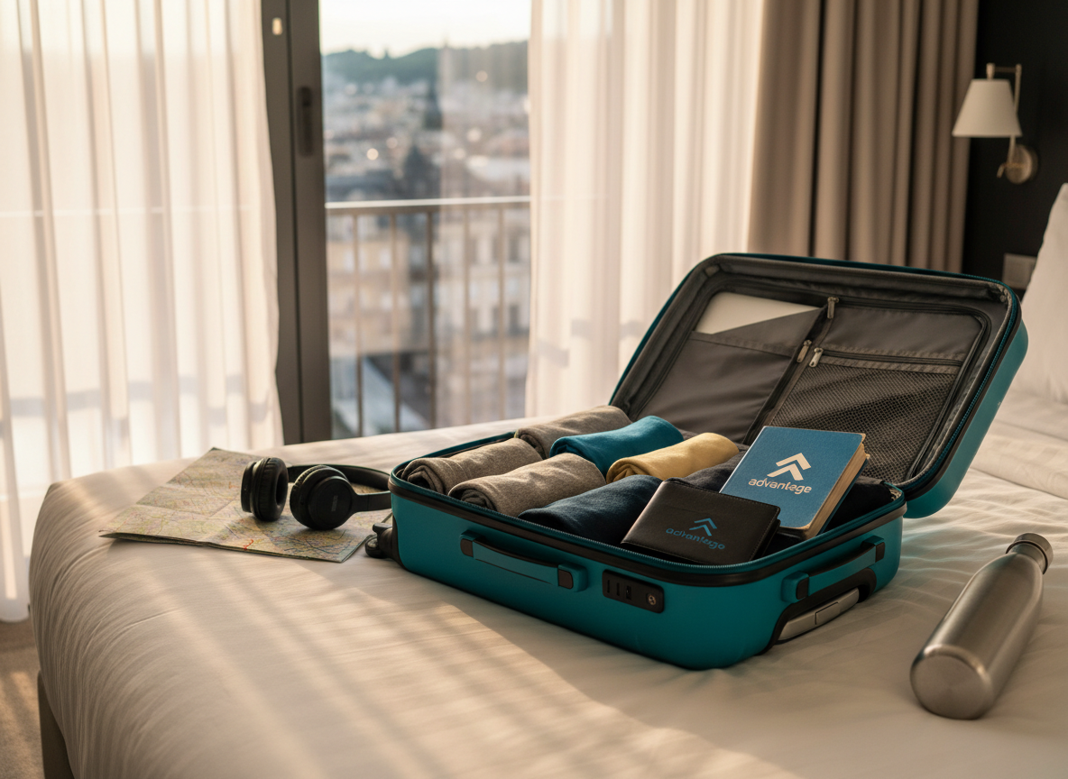 A sleek, hard-shell carry-on suitcase in a vibrant teal color stands open on a neatly made white hotel bed, filled with carefully rolled T-shirts, a compact French phrasebook, a slim laptop, and a small wallet displaying a subtle membership-style card with an abstract “advantage” symbol, avoiding any real logos or text. Around the bed lie a city map, wireless headphones, and a reusable water bottle. Late-afternoon golden sunlight filters through sheer curtains, casting soft, playful shadows. Photographic realism at eye level, with the suitcase in sharp focus and the city view outside the window gently blurred, creating an inviting mood of budget-friendly adventure and smart student travel planning.