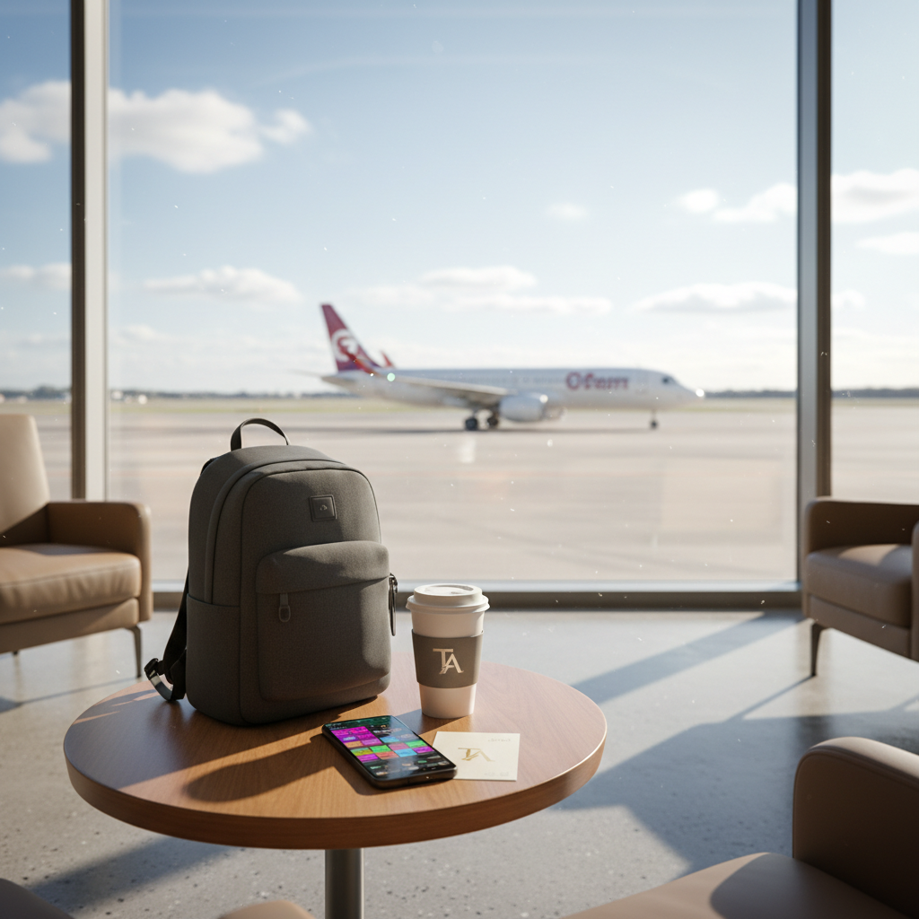 A bright airport lounge corner with a large window overlooking the runway, showing a plane taxiing in the distance. In the foreground, a small round table holds a compact backpack, a reusable coffee cup, a smartphone with a colorful travel-deals style interface free of readable text, and a minimalist card with a stylized “TA” monogram hinting at a travel club. Soft midday natural light floods through the glass, creating clean reflections on the polished floor. Photographic realism, shot from a seated, eye-level angle, conveys a relaxed, excited atmosphere of smart, budget-savvy travel, with the plane and sky slightly out of focus for depth.
