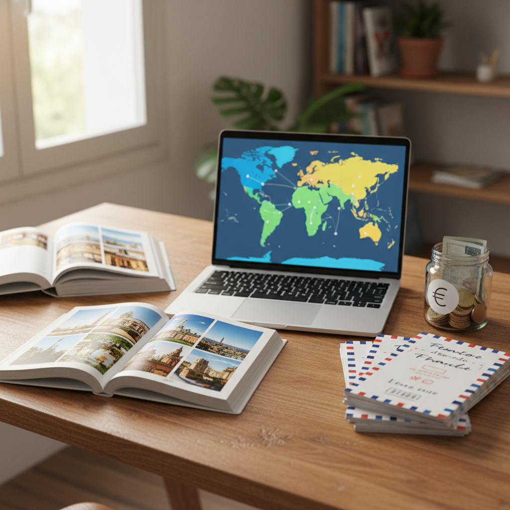 A cozy wooden desk in a small, modern student apartment, covered with open travel guides, a laptop showing a colorful world map interface without readable text, and a tidy stack of budget-travel brochures in French-inspired colors of blue, white, and red. A small glass jar labeled only with a subtle euro symbol is half-filled with coins and folded notes, suggesting savings. Soft, diffused morning light from a nearby window illuminates the scene, highlighting the textures of paper and brushed metal laptop. Photographic realism, shot from a slightly elevated angle with shallow depth of field, creates a warm, playful atmosphere of planning affordable adventures between classes.