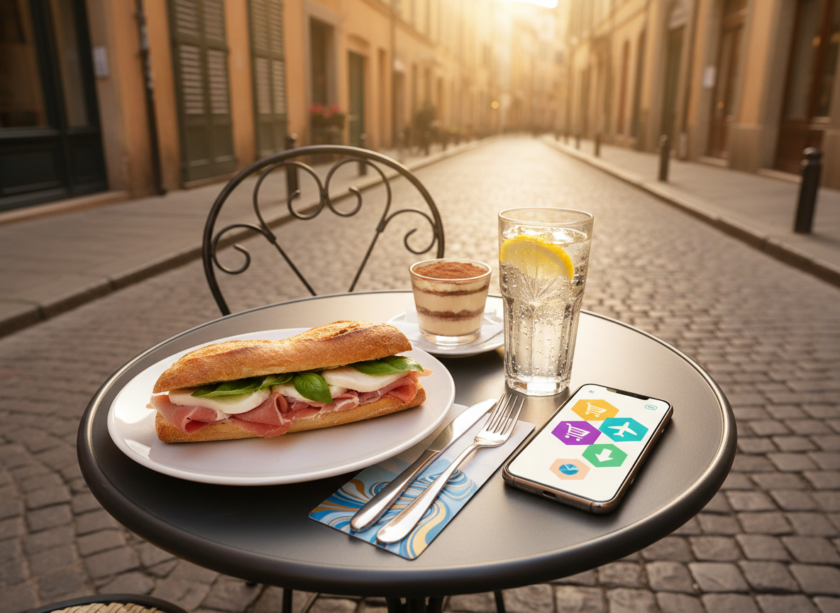 A vibrant overhead view of a café table on a sunny European street terrace, set with an elegant but modestly priced lunch: a simple sandwich on a white plate, a sparkling water with lemon, and a small dessert. Beside the plate lies a smartphone displaying a colorful but text-free interface with icons suggesting discounts and travel offers, and a slim, abstract membership card. The cobblestone street and blurred historic buildings form the background. Golden hour sunlight creates lively reflections on glasses and cutlery. Photographic realism, with bright, cheerful colors and a playful, budget-friendly city-break mood, composed with the table on the lower third and the street stretching into the distance.
